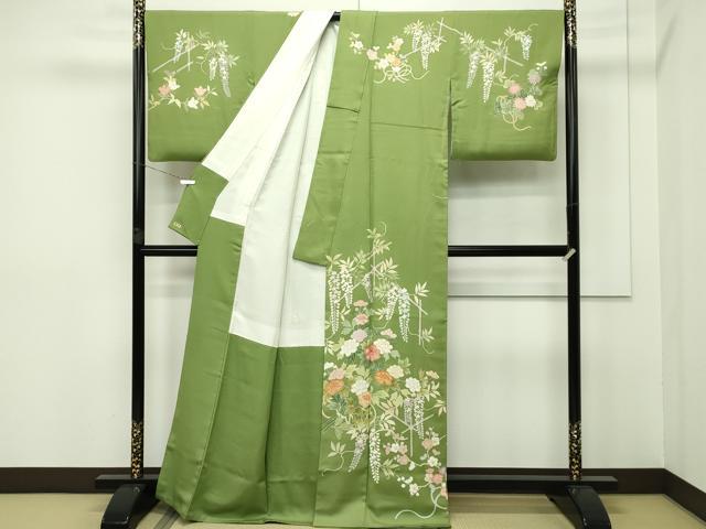 平和屋本店●極上 創業460年・千總 訪問着 駒刺繍 草花文 金彩 青丹色地 三越扱い 逸品 CZAA5716s6