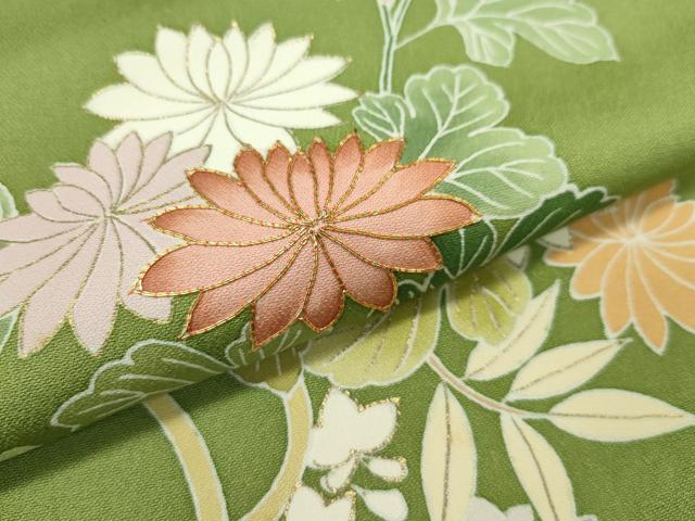 平和屋本店●極上 創業460年・千總 訪問着 駒刺繍 草花文 金彩 青丹色地 三越扱い 逸品 CZAA5716s6