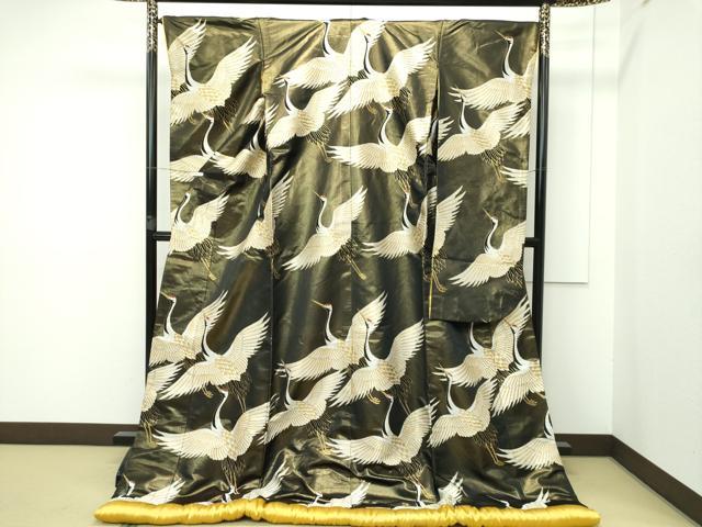 平和屋本店●極上 西陣 川島織物 色打掛 和装 婚礼 結婚式 花嫁 神社挙式 唐織 飛鶴文様 黒地 金糸 逸品 CZAA2524s5