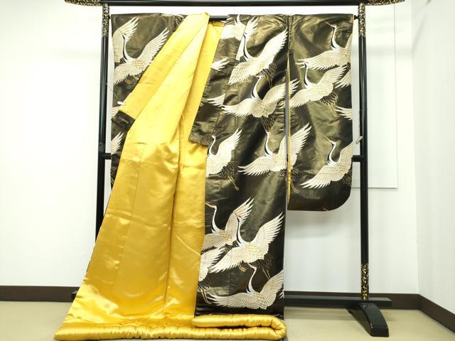 平和屋本店●極上 西陣 川島織物 色打掛 和装 婚礼 結婚式 花嫁 神社挙式 唐織 飛鶴文様 黒地 金糸 逸品 CZAA2524s5