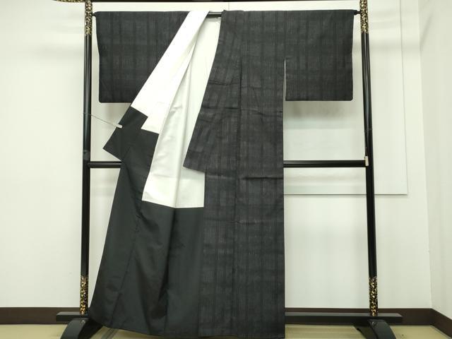 平和屋本店●極上 本場結城紬 重要無形文化財 変わり縞 黒地 逸品 CZAA2566s5