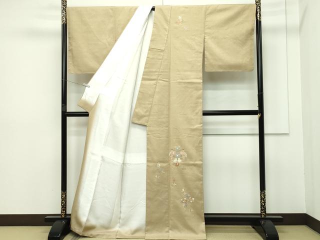 平和屋本店■極上 創業460年・千總 訪問着 紬地 総刺繍 相良刺繍 本草木染 花鳥文 金糸 飴色地 反端付き 逸品 未使用 CZAA2652s5
