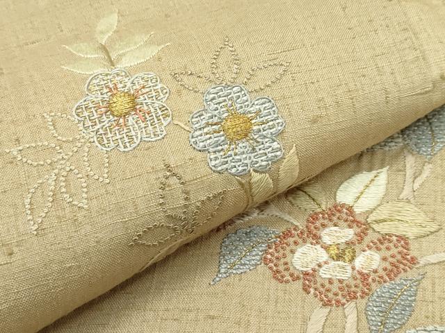 平和屋本店■極上 創業460年・千總 訪問着 紬地 総刺繍 相良刺繍 本草木染 花鳥文 金糸 飴色地 反端付き 逸品 未使用 CZAA2652s5