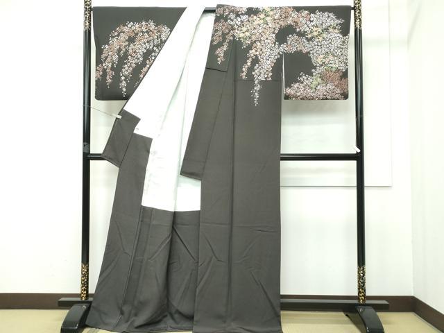 平和屋本店■極上 創業明治元年、京の老舗【小糸染芸】 小糸敏夫 訪問着 草花文 黒橡色地 逸品 未使用 CZAA2712s5