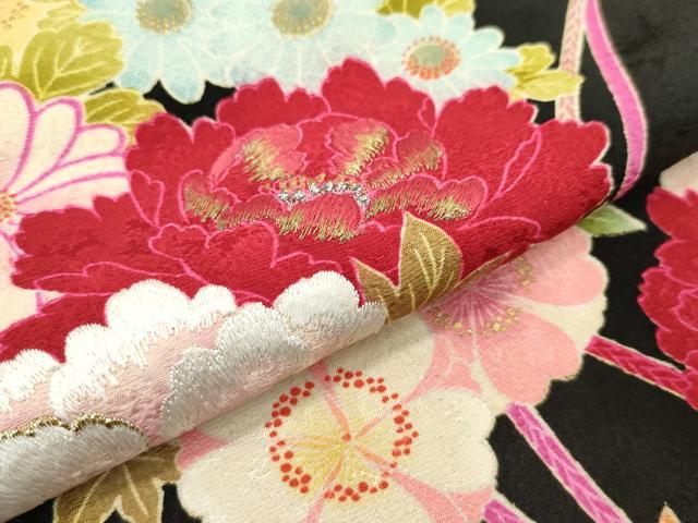 平和屋本店●極上 世界的ファッションデザイナー 山本寛斎 kansaiブランド 振袖 刺繍 花丸文 黒地 金銀糸 逸品 CZAA2725s5