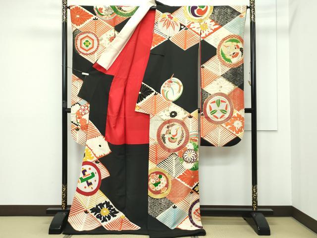 平和屋本店●極上 アンティーク 大正ロマン 振袖 駒刺繍 菱松葉宝尽くし丸文 黒地 金銀彩 逸品 CZAA2766s5