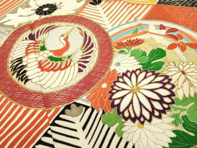 平和屋本店●極上 アンティーク 大正ロマン 振袖 駒刺繍 菱松葉宝尽くし丸文 黒地 金銀彩 逸品 CZAA2766s5