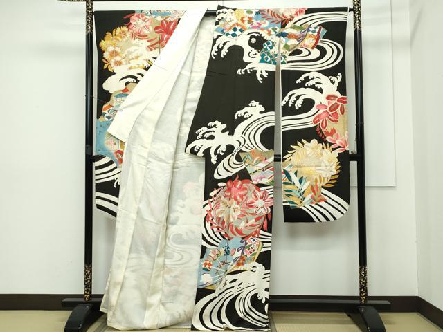 平和屋本店■希少 夏物 アンティーク 大正ロマン 振袖 絽縮緬 駒刺繍 流水吉祥草花文 黒地 金彩 逸品 CZAA2767s5