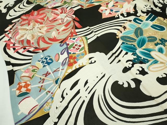 平和屋本店■希少 夏物 アンティーク 大正ロマン 振袖 絽縮緬 駒刺繍 流水吉祥草花文 黒地 金彩 逸品 CZAA2767s5