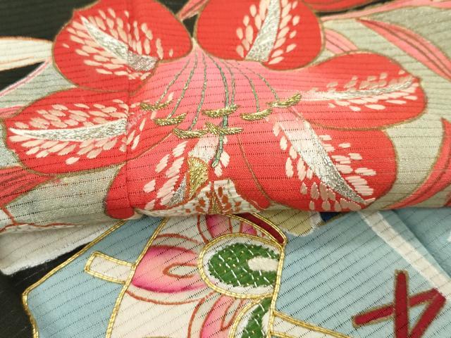 平和屋本店■希少 夏物 アンティーク 大正ロマン 振袖 絽縮緬 駒刺繍 流水吉祥草花文 黒地 金彩 逸品 CZAA2767s5