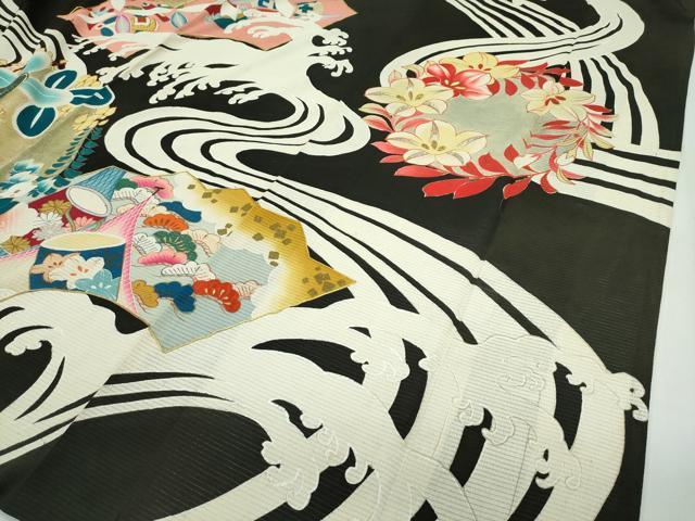 平和屋本店■希少 夏物 アンティーク 大正ロマン 振袖 絽縮緬 駒刺繍 流水吉祥草花文 黒地 金彩 逸品 CZAA2767s5