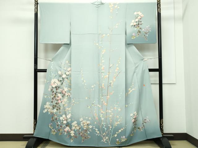 平和屋本店●極上 本加賀友禅作家 茶谷孝志 訪問着 草花文 暈し染め 青白橡色地 逸品 CZAA5408s6