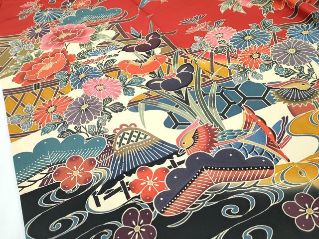 平和屋本店●極上 手ざし京紅型染・宮崎紅型 宮崎良次 振袖 鴛鴦飛鶴草花文 暈し染め 逸品 未使用 CZAA2784s5