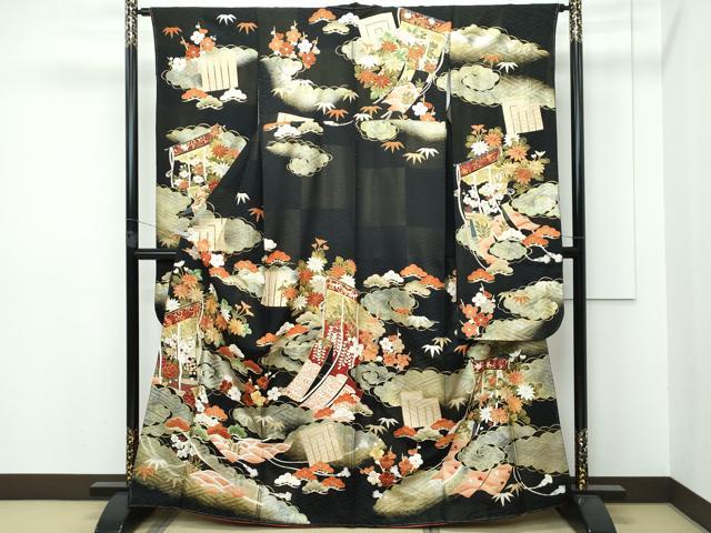 平和屋本店■極上 振袖 駒刺繍 雲取り几帳花文 黒地 金通し地 逸品 CZAA2787s5