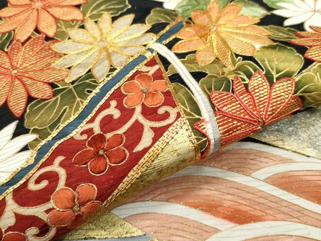 平和屋本店■極上 振袖 駒刺繍 雲取り几帳花文 黒地 金通し地 逸品 CZAA2787s5