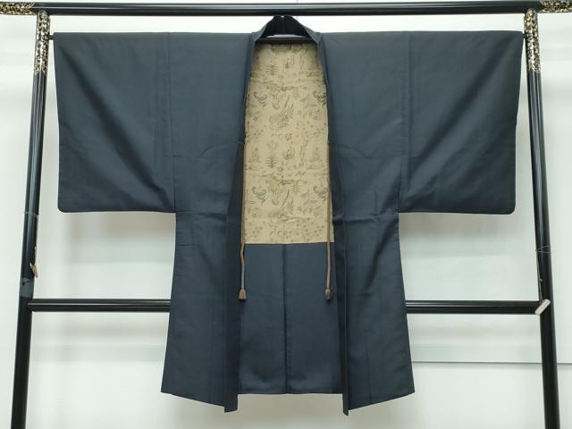 平和屋本店#極上 男性 長羽織 お召地 濃紺地 羽裏:草花文 羽織紐付き 逸品 CZAA2801s5