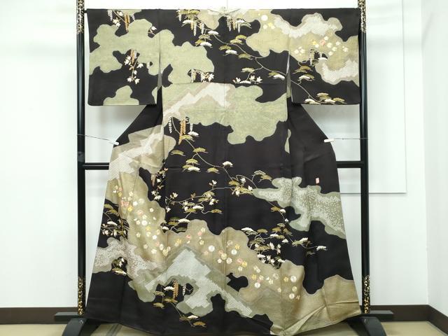 平和屋本店●極上 十日町 名門青柳高級ブランド 大喜百花 訪問着 駒刺繍 絞り 霞花松文 金彩 憲法黒茶色地 逸品 CZAA2812s5