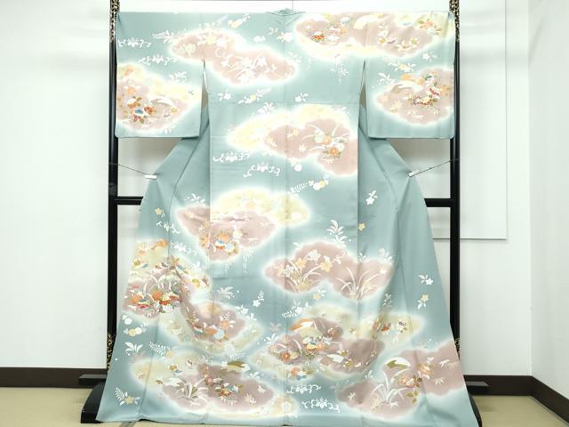 平和屋本店■極上 創業460年・千總 訪問着 駒刺繍 雲取り草花文 暈し染め 金彩 深川鼠色地 逸品 CZAA2837s5