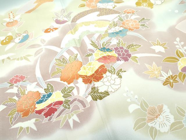 平和屋本店■極上 創業460年・千總 訪問着 駒刺繍 雲取り草花文 暈し染め 金彩 深川鼠色地 逸品 CZAA2837s5