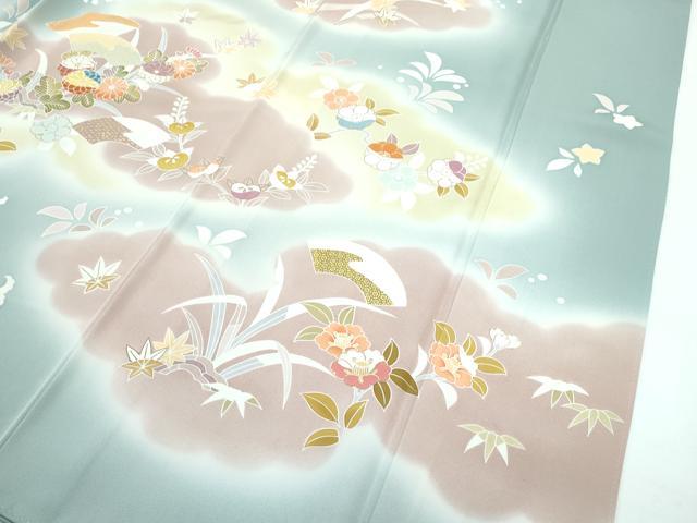 平和屋本店■極上 創業460年・千總 訪問着 駒刺繍 雲取り草花文 暈し染め 金彩 深川鼠色地 逸品 CZAA2837s5