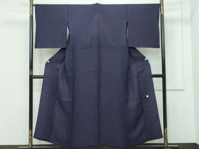 平和屋着物■極上 藍友禅作家 橋詰清貫 色無地 単衣 市松地紋 紫黒色 反端付き 逸品 CZAA2858s5