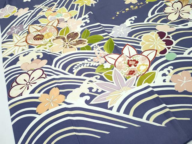 平和屋本店■極上 創業460年・千總 誰が袖好み 振袖 駒刺繍 立波草花文 金彩 濃鼠色地 高島屋扱い 逸品 CZAA3037s5