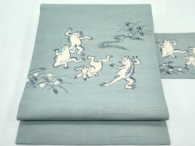 平和屋着物*極上 夏物 九寸名古屋帯 藍 手描き 鳥獣戯画 深川鼠色地 麻 逸品 CZAA3062s5