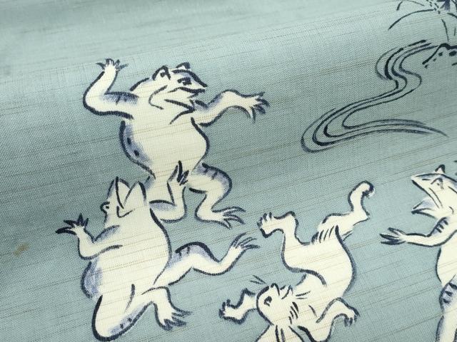 平和屋着物*極上 夏物 九寸名古屋帯 藍 手描き 鳥獣戯画 深川鼠色地 麻 逸品 CZAA3062s5