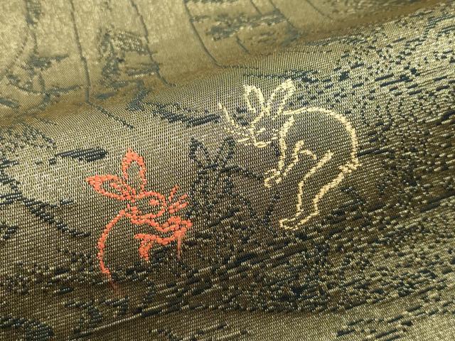 平和屋着物●極上 両面 太鼓柄袋帯 スリーシーズン 春夏秋 刺繍 納戸 鳥獣戯画 金糸 逸品 CZAA3079s5