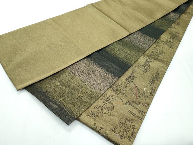 平和屋着物●極上 両面 太鼓柄袋帯 スリーシーズン 春夏秋 刺繍 黄丹 鳥獣戯画 金糸 逸品 CZAA3080s5