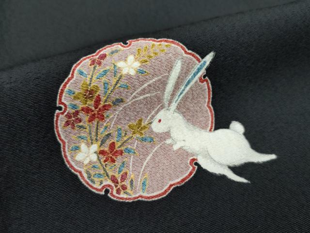 平和屋着物▽極上 金彩友禅 卓越技能者・名工・和田光正 小紋 単衣 兎 雪輪芝草文 黒地 金彩 逸品 CZAA3151s5