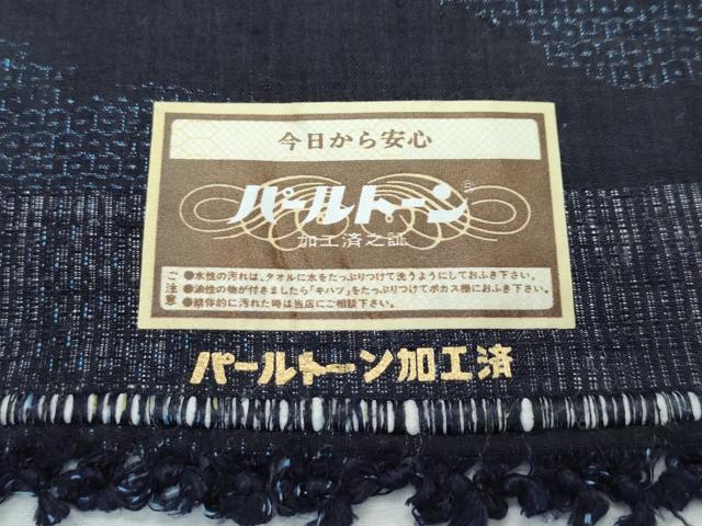 平和屋着物▽極上 本場結城紬 重要無形文化財 単衣 80亀甲 雲重ね文 濃紺地 証紙付き 逸品 CZAA3156s5