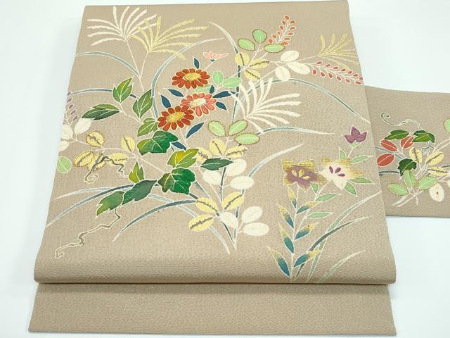 平和屋本店■極上 九寸名古屋帯 友禅 作家物 明美 駒刺繍 草花文 金彩 鬼しぼ縮緬 枯色地 逸品 未使用 CZAA3182s5