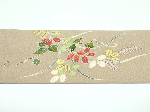 平和屋本店■極上 九寸名古屋帯 友禅 作家物 明美 駒刺繍 草花文 金彩 鬼しぼ縮緬 枯色地 逸品 未使用 CZAA3182s5