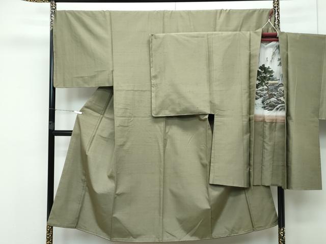 平和屋着物●極上 男性 紬 アンサンブル 色無地 黄海松茶色 逸品 未使用 CZAA3227s5