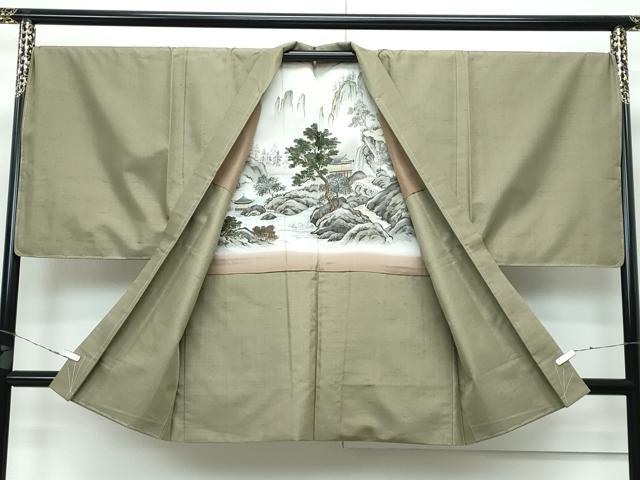 平和屋着物●極上 男性 紬 アンサンブル 色無地 黄海松茶色 逸品 未使用 CZAA3227s5