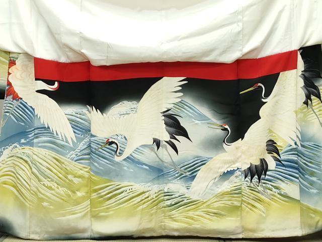 平和屋本店■極上 アンティーク 大正ロマン 振袖 駒刺繍 宝船飛鶴文 黒地 暈し染め 金彩 逸品 CZAA3246s5