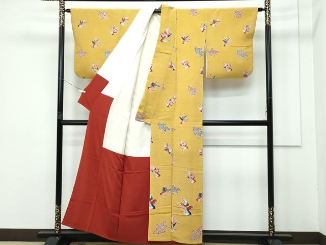 平和屋本店■極上 浦野理一 型染 小紋 飛鳥文 鬼しぼ縮緬 黄朽葉色地 逸品 CZAA3250s5