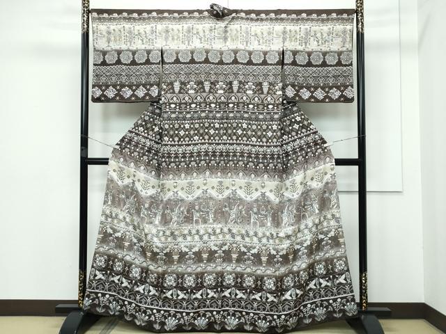 平和屋本店●極上 訪問着 中国三大刺繍 スワトウ刺繍 エジプト壁画文様 暈し染め 金糸 涅色地 逸品 CZAA5788s6