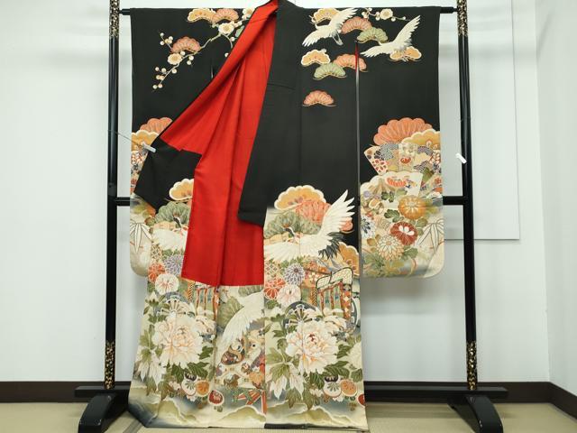 平和屋着物■極上 アンティーク 大正ロマン 振袖 駒刺繍 御所車檜扇花文 暈し染め 黒地 金彩 逸品 CZAA3325s5