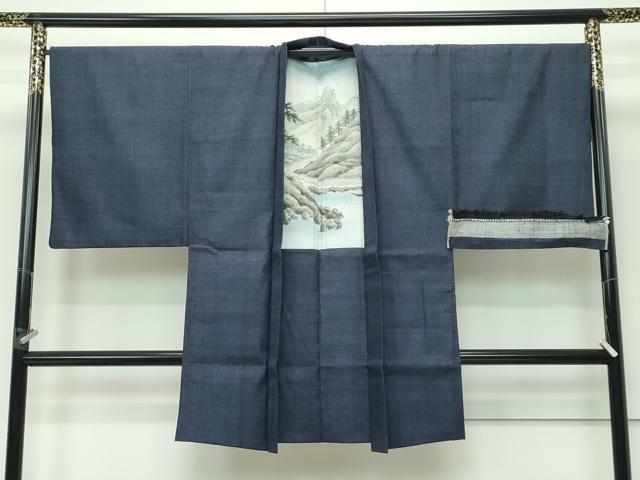 平和屋本店■極上 男性 本場結城紬 重要無形文化財 長羽織 120亀甲 濃紺地 反端付き 逸品 CZAA3372s5