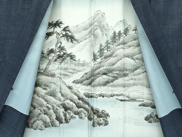 平和屋本店■極上 男性 本場結城紬 重要無形文化財 長羽織 120亀甲 濃紺地 反端付き 逸品 CZAA3372s5