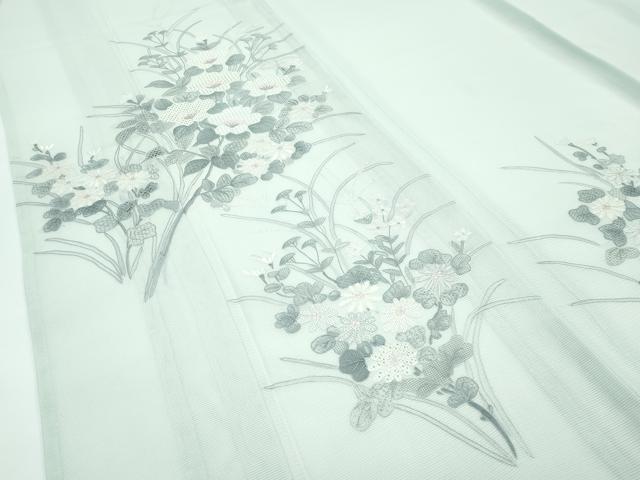 平和屋本店*極上 夏物 訪問着・長襦袢セット 絽 総刺繍 中国三大刺繍 スワトウ相良刺繍 草花文 白緑色地 鈴乃屋扱 逸品 未使用 CZAA3411s5