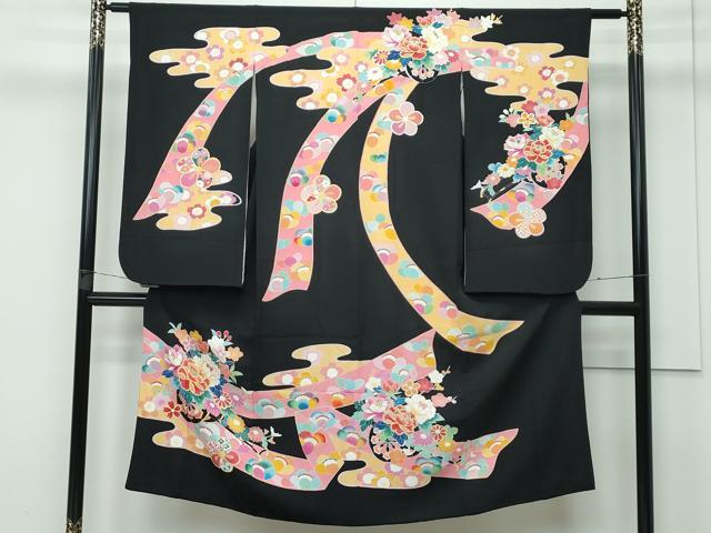 平和屋着物■極上 七五三 女の子 7歳 祝着 友禅 エ霞花車文 黒地 金彩 逸品 CZAA3511s5