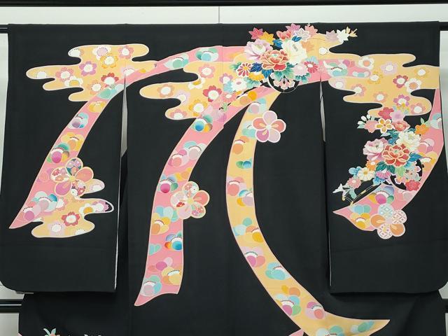 平和屋着物■極上 七五三 女の子 7歳 祝着 友禅 エ霞花車文 黒地 金彩 逸品 CZAA3511s5