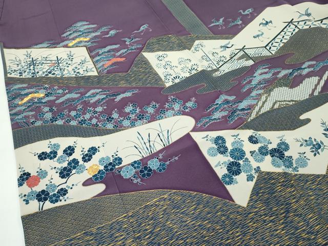 平和屋本店■極上 人間国宝 五代 田畑喜八 訪問着 駒刺繍 飛鶴風景花文 金彩 葡萄鼠色地 逸品 CZAA3530s5