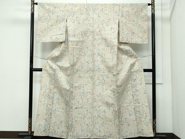 平和屋着物▽極上 小千谷紬 単衣 草花文 逸品 CZAA3556s5