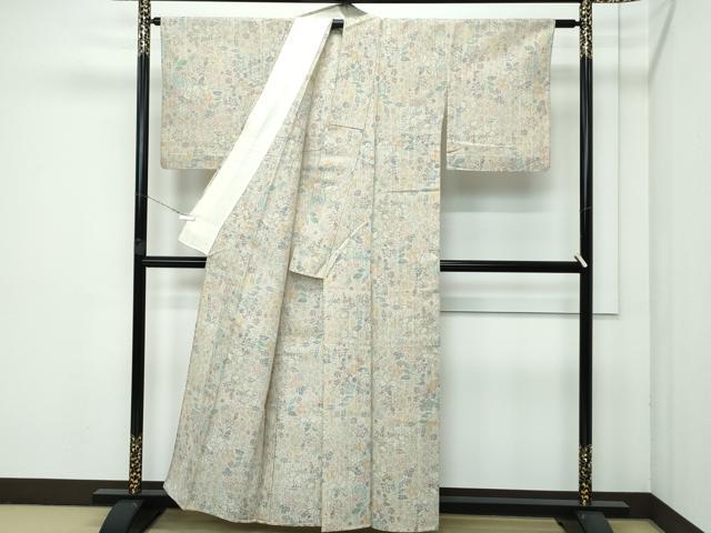 平和屋着物▽極上 小千谷紬 単衣 草花文 逸品 CZAA3556s5