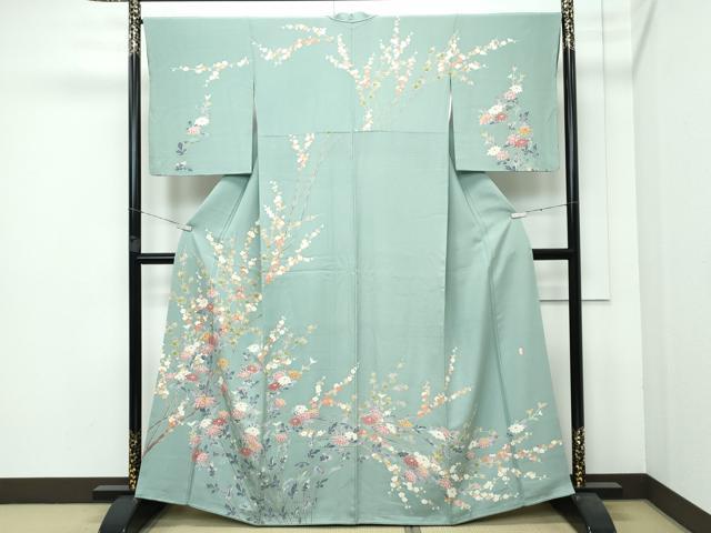 平和屋着物■極上 訪問着 友禅 作家物 枝花紋 山葵色地 逸品 CZAA3578s5