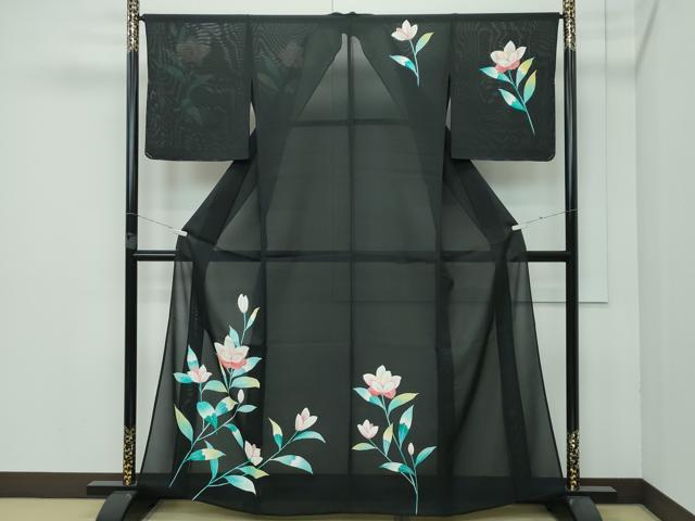平和屋着物■極上 夏物 訪問着 絽 草花文 黒地 逸品 未使用 CZAA3638s5
